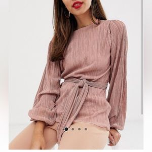 ASOS design blush pink pleated blouson sleeve blouse with tie waist plisse